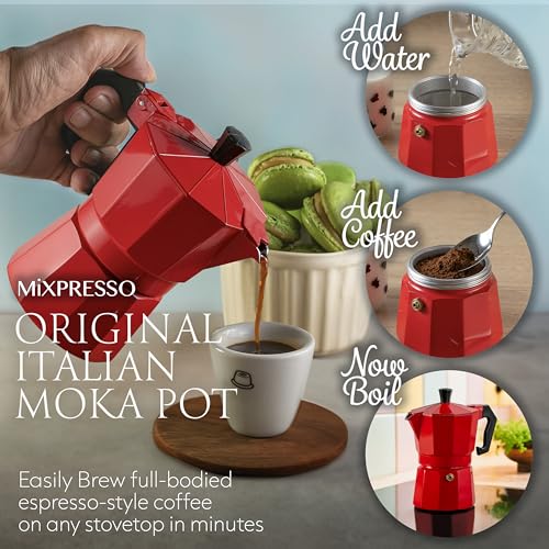 3 Cup Moka Pot Stovetop Espresso Maker (Red / 3 Espresso Cups with Mug)