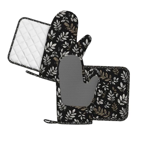 Oven Mitts Pot Holders Set Boho Black Leaf Pattern Silicone Kitchen Gloves Potholders Heat Resistant for Chef Baking Cooking Grilling BBQ 4 Pack Mitt (B0112)