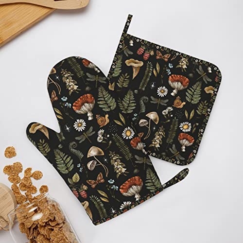 Mushroom Oven Mitts Pot Holders Set Silicone Vintage Magic Leaf Kitchen Gloves Potholders Heat Resistant for Chef Baking Cooking Grilling BBQ 4 Pack Mitt (A1)