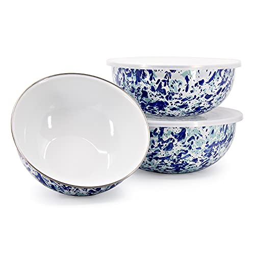 Enamelware Nested Mixing Bowls with Lids (Set of 3 - 3, 3.5 & 4.5 quarts / Ocean)