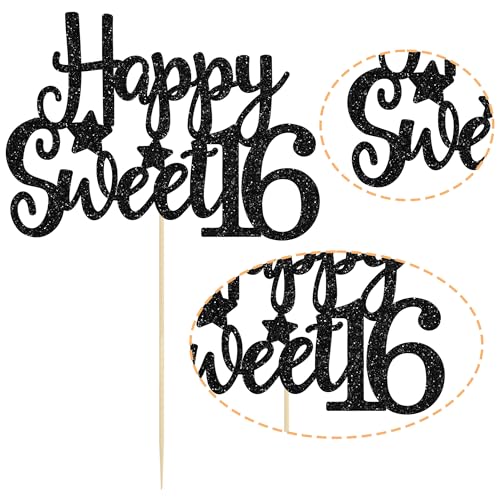 24Pcs Happy 16th Birthday Cupcake Toppers Glitter Hello 16 Sweet 16 Cupcake Picks 2006 Sixteen Old Birthday Cake Decorations for 16th Birthday Anniversary Party Supplies Black