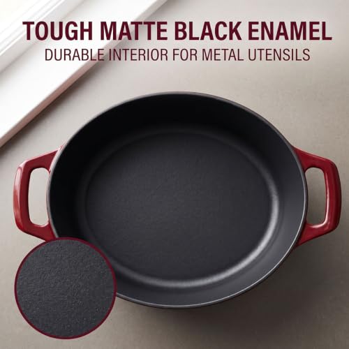 La Cuisine Enameled Cast Iron Oval Dutch Oven Casserole Dish Pot with Lid 6.75 QT Internal Matt Black Enamel Coating Gold (6.75 QT Oval / Cranberry)