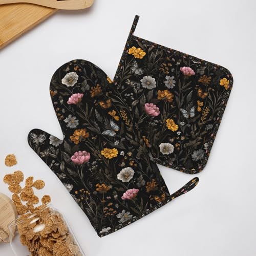 Oven Mitts and Pot Holders Flower Butterfly Boho Botanical Silicone Kitchen Accessories Set of 4 Heat Resistant Long Gloves Potholder Non (A063223)