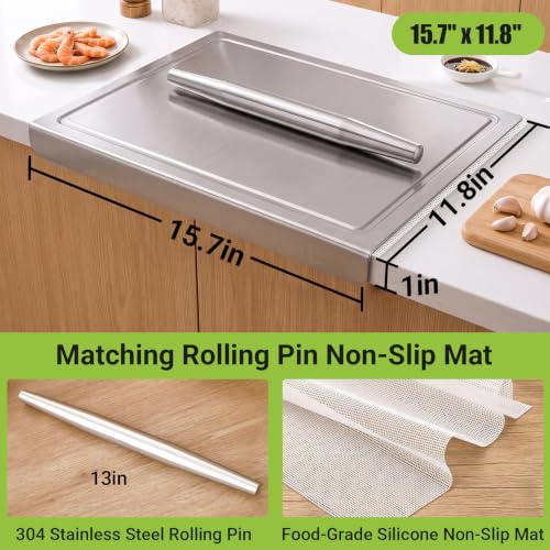 Stainless Steel Cutting Board 15.7x11.8 with Lip and Juice Groove (15.7"L x 11.8"W)