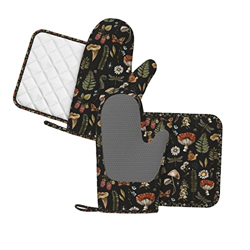 Mushroom Oven Mitts Pot Holders Set Silicone Vintage Magic Leaf Kitchen Gloves Potholders Heat Resistant for Chef Baking Cooking Grilling BBQ 4 Pack Mitt (A1)