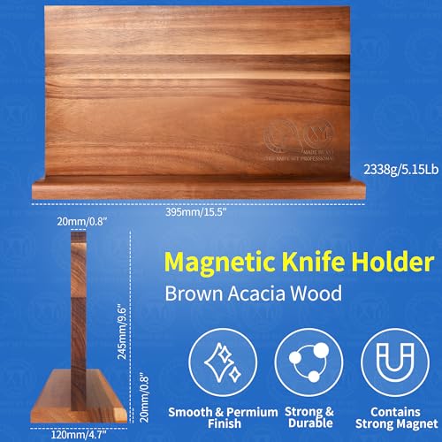 Extra Large Magnetic Knife Block Acacia Wood Knife Set Holder Stand With Stronge Magnetic Strip Kitchen Knives Storage Rack Organizer Tools No Drilling (dark wood color / 15.5*8.7 inch without board)