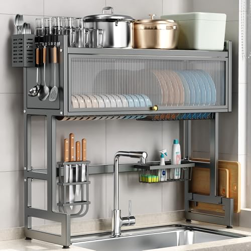 Over the Sink Dish Drying Rack 3 Tier with Dustproof Flip (Gray / 33.4in)