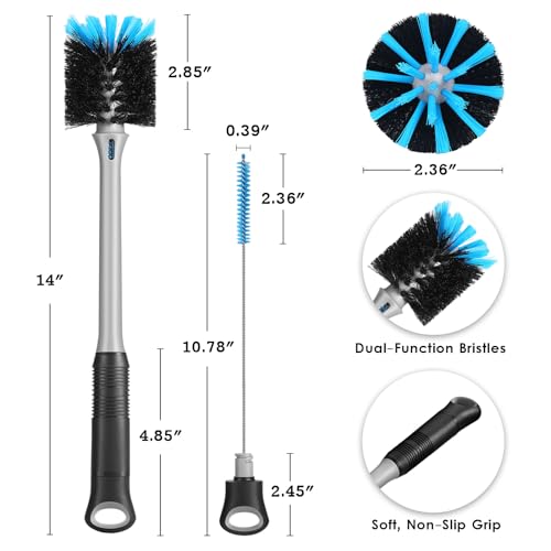2-in-1 Water Bottle Brush and Straw Cleaner Brush, Long Handle Water Bottle Scrubbing Brush for Water Bottles, Glasswares, Mugs, Flasks, Tumblers and Kitchen Sink