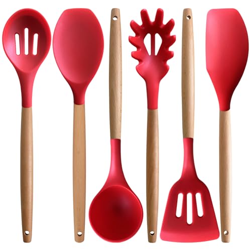 Kitchen Cooking Utensils Set 6Pcs Heat Resistant Silicone Kitchen Utensils Spatula Spoon Turner Ladle w Wooden Handle (Standard 6-Piece Set / Red)