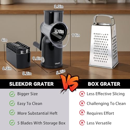 5-in-1 Rotary Cheese Grater Vegetable Slicer with Handle - Upgraded Hand Crank Cheese Grater with Handle and Strong Suction Base, Multi-Purpose Slicer with 5 Blades