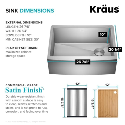 Kore 27 Inch Farmhouse Workstation 16 Gauge Stainless Steel Kitchen Sink with Accessories (27 Inch / Rounded Farmhouse / Stainless Steel)