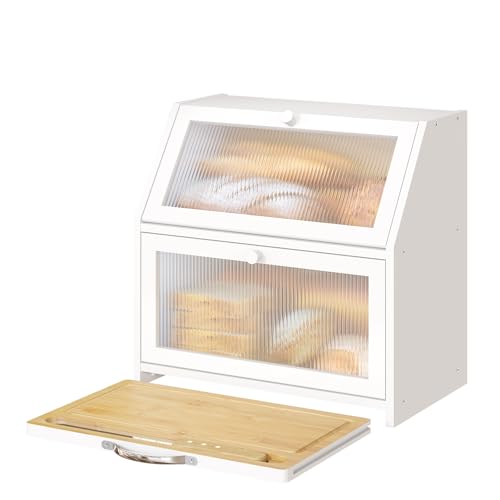 Extra Large Bread Box with Cutting Board Bamboo Wood Bread Box for Kitchen Counter (White)