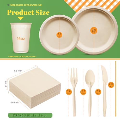 Compostable Paper Plates Set 250pcs Disposable Sugarcane Plates Utensils Eco