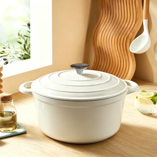 6 Quart Enameled Cast Iron Dutch Oven with Lid (White / 6QT)