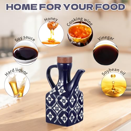 8.5 oz Ceramic Olive Oil Dispenser Bottle Decorative Olive Oil Dispenser Bottle with Handle & Wooden Stopper Relief Opaque Ceramic Oil Cruet for Kitchen Cooking Oil Vinegar (Blue)