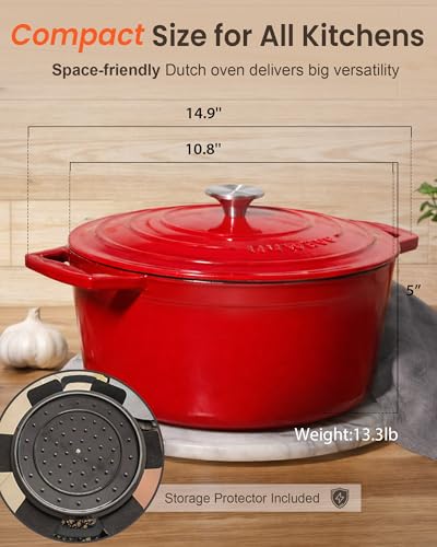 6QT Cast Iron Dutch Oven Pot with Lid (Crimson / 6qt Regular)
