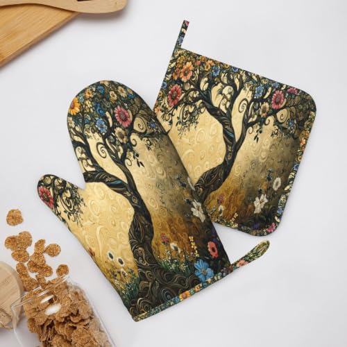Oven Mitts Pot Holders Set Whimsical Flower Tree Silicone Kitchen Gloves Potholders Heat Resistant for Chef Baking Cooking Grilling BBQ 4 Pack Mitt (A0615)