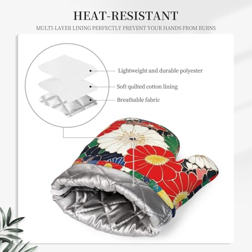 Oven Mitts and Pot Holders Flower Ethnic Art Pattern Silicone Kitchen Accessories Set of 4 Heat Resistant Long Gloves Potholder Non (A098)