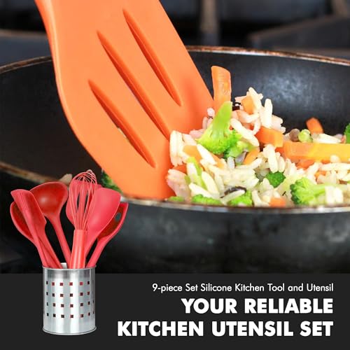 Premium Silicone Kitchen Tool and Utensil Set (9 Piece Set / Red)