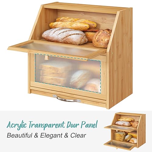 Extra Large Bread Box with Cutting Board Bamboo Wood Bread Box for Kitchen Counter (Natural)