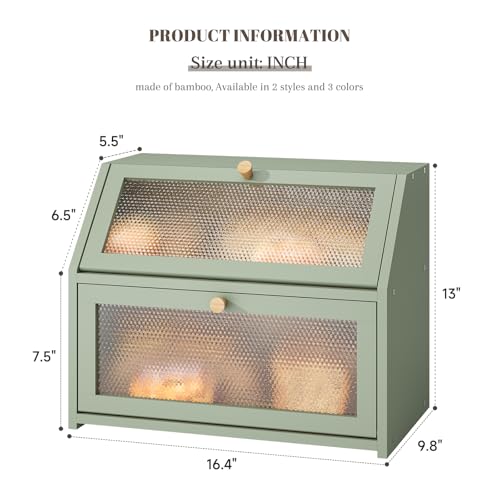 Bread Box for Kitchen Countertop Bin Double Layer Bread Box Storage Container Extra Large Capacity Farmhouse with Diamond Pattern Windows (Green / Large)