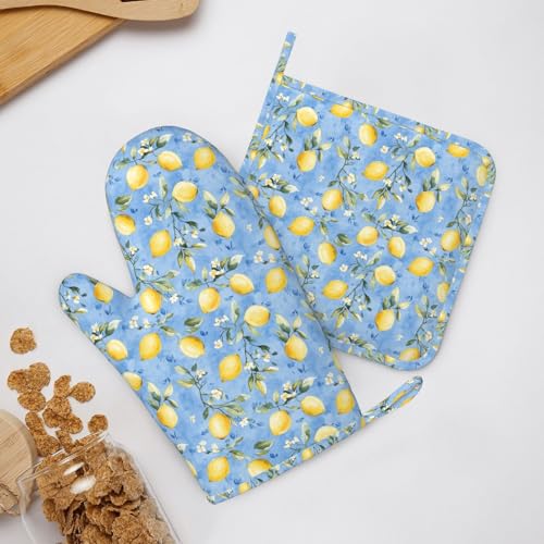 Oven Mitts Pot Holders Set Watercolor Lemon Flower Blue Silicone Kitchen Gloves Potholders Heat Resistant for Chef Baking Cooking Grilling BBQ 4 Pack Mitt (B016)