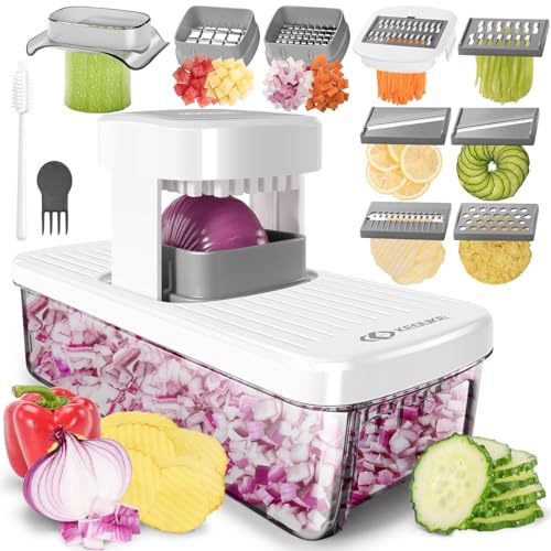 8-in-1 Vertical Vegetable Chopper Mandoline Slicer with Container White - Safe Tap Out Dicer with Hand Guard for Kitchen Easy Food Prep, Onion Potato Veggie Fruit (White)