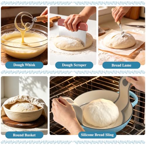 6QT Enameled Cast Iron Dutch Oven Bread Baking Gift Set (Blue)