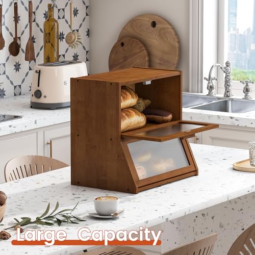 Double Layer Bamboo Bread Box for Kitchen Counter (Brown / Extra Large)