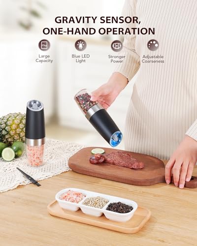 Gravity Electric Salt and Pepper Grinder Set Battery Powered Refillable One Hand Operation