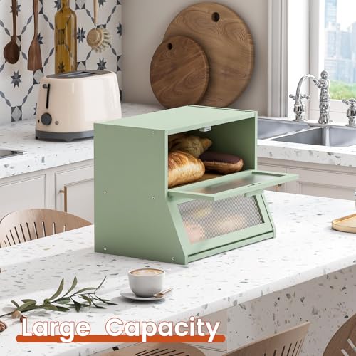 Double Layer Bamboo Bread Box for Kitchen Counter (Light Green / Medium)