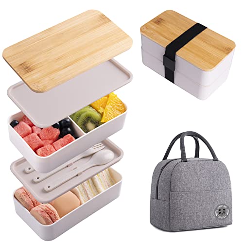 Stackable Lunch Container with Bamboo Lid Bento Box for Adult with Lunch Bag and Flatware Set