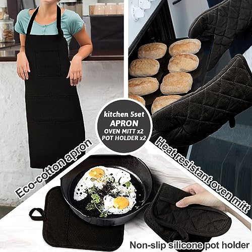 Oven Mitts and Pot Holders with Cooking Apron Set of 5 (Black)