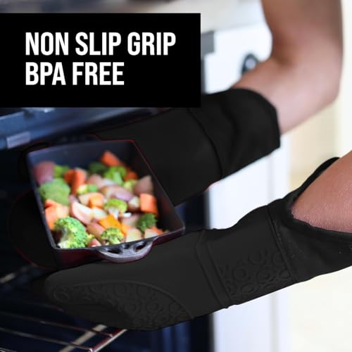 BPA Free Silicone Oven Mitts Ultra Heat Resistant up to 500°F (Black / 2-Piece 14.7" Oven Mitts)