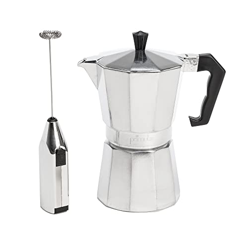 Stovetop Espresso Maker and Handheld Electric Milk Frother Gift Set (Silver / 6 Cup + Frother)