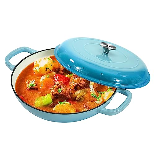 3.8 Quart Enameled Cast Iron Braiser Pan with Lid (Light Blue / 3.8QT)
