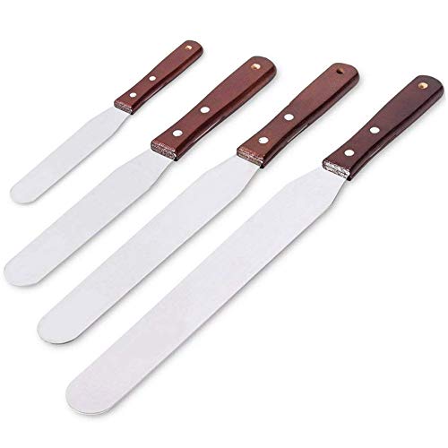 4PCS Offset Cake Icing Spatula Set 4” 6” 8” 10” Professional Stainless Steel Cake Decorating Frosting Spatulas with Wooden Handle
