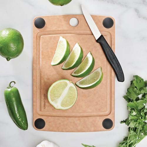 All-In-One Cutting Board with Non-Slip Feet and Juice Groove, 10" × 7", Natural/Black (10"L x 7"W / Natural/Black)