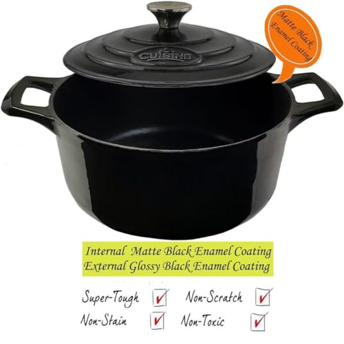 La Cuisine Enameled Cast Iron Dutch Oven Casserole Pot with Lid (5.0 QT Round / Glossy Black)