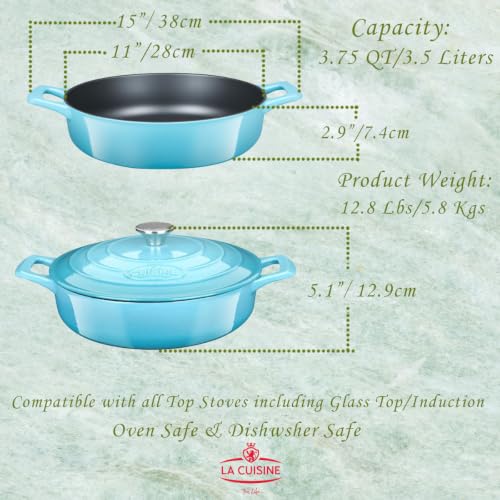 La Cuisine Enameled Cast Iron Braiser Sauté Pan Shallow Dutch Oven with Lid Internal Matt Black Enamel Coating 3.75 QT 11" (3.75 QT Braiser / Teal)