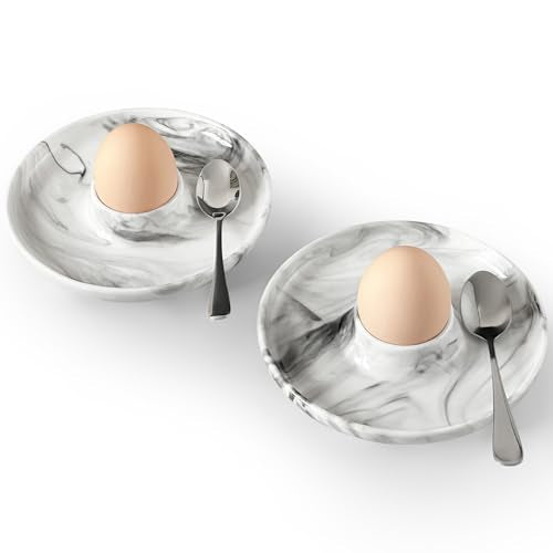 EggHolder & Spoon Set Ceramic Egg Holders + SS Spoons Breakfast Plate White 5.5'' Food Container Egg Tray Dinner Serving for Hard Boiled Eggs