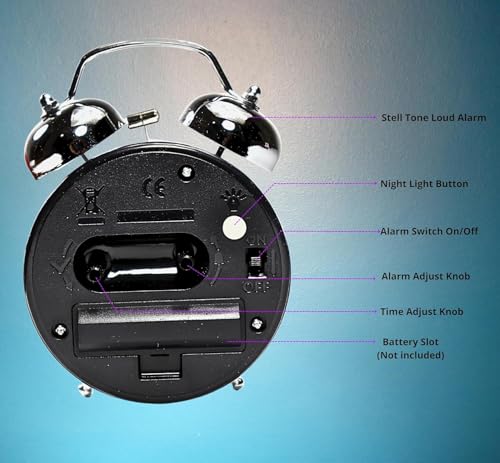 Table Clock Retro Twin Bell Metal Frame Alarm Clock with Night Backlight Function and Silent Motion (Silver Vintage)