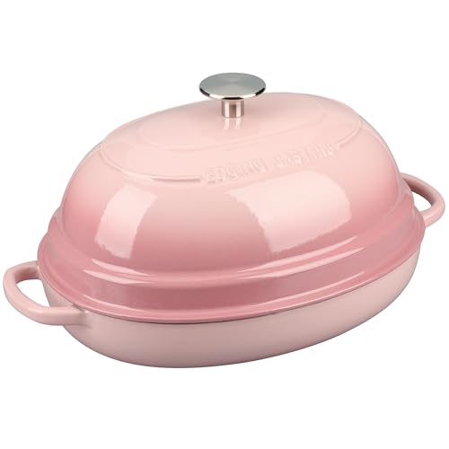 Enameled Oval Cast Iron Dutch Oven Pot with Lid (Pink)