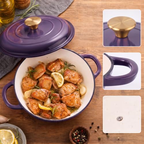 Dutch Oven Enameled Cast Iron with Lid (Purple / 3 QT（Shallow Pot）)