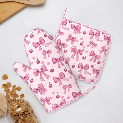 Oven Mitts Pot Holders Set Pink Bow Pattern Cherry Silicone Kitchen Gloves Potholders Heat Resistant for Chef Baking Cooking Grilling BBQ 4 Pack Mitt (B021)