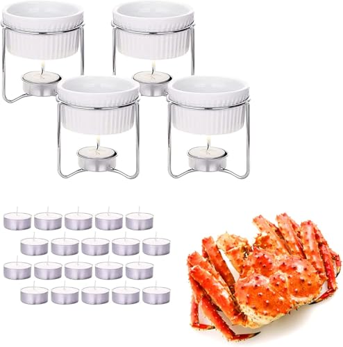 4 Pieces Ceramic Butter Warmers with 20 Pieces Tealight Candles Set for Seafood