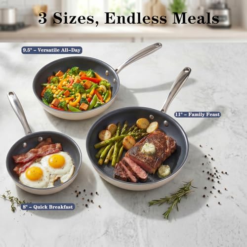 Ceramic Nonstick Frying Pan Set (8+9.5+11in / Ash Grey)