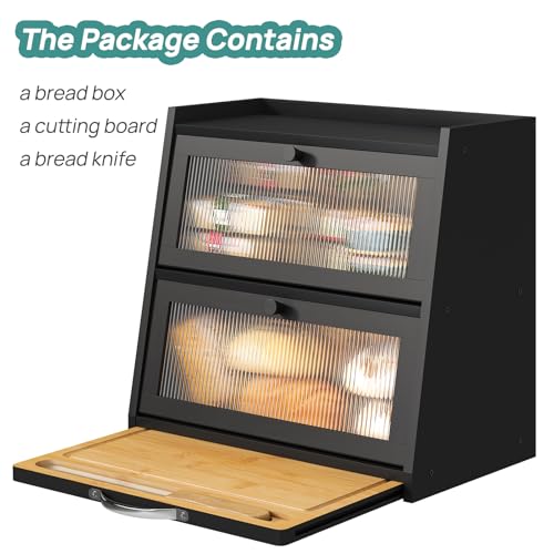 Bread Box for Kitchen Counter (Black With Cutting Board)