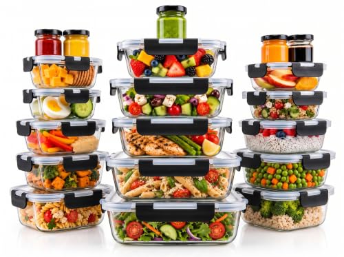 40 PC Borosilicate Glass Food Storage Containers with Airtight Lids (Black)