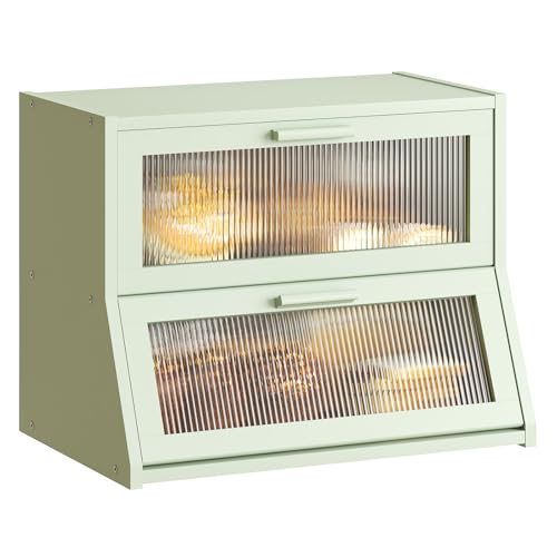 Double Layer Bamboo Bread Box for Kitchen Counter (Light Green / Medium)